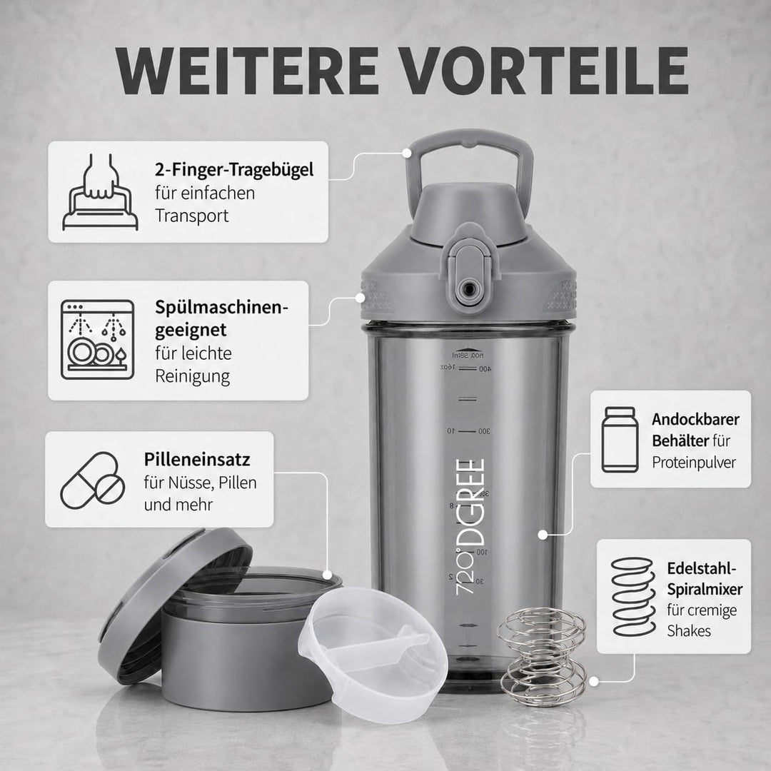 720°DGREE Protein Shaker mit Pulverfach 550ml “uberShaker“ – Auslaufsicher, BPA-Frei, Skala, Spiralm