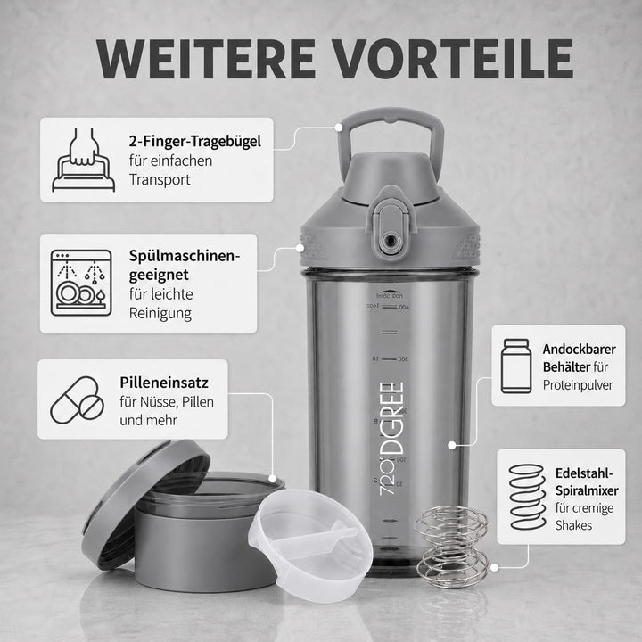 720°DGREE Protein Shaker mit Pulverfach 550ml “uberShaker“ – Auslaufsicher, BPA-Frei, Skala, Spiralm