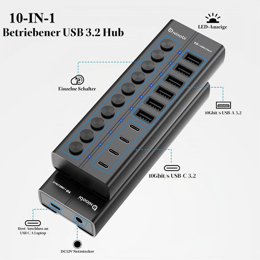 10 Port USB Hub mit Netzteil 60W - 10Gbps USB 3.2 Gen 2 Hub Aktiv aus Aluminium mit 6 USB-A & 4 USB-