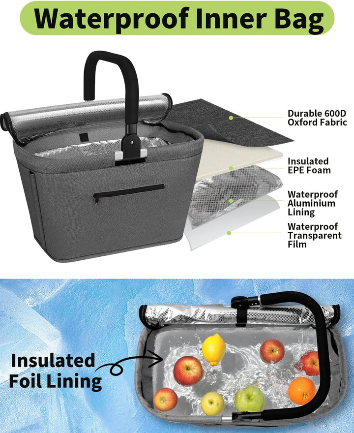 35L Kühltasche Einkaufskorb Faltbar mit 2 Stützstangen, Grosse Isolierte Kühlkorb mit Aluminium Grif
