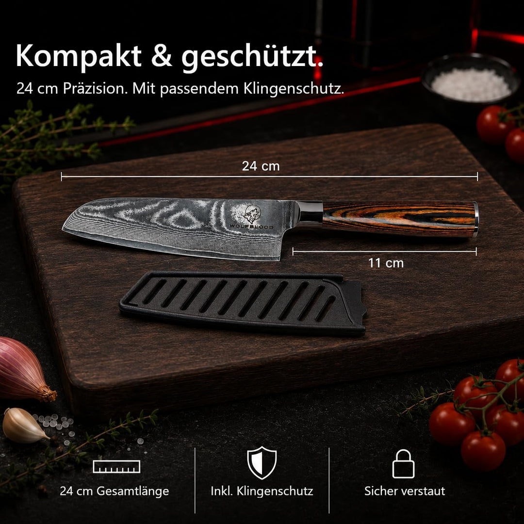 Wolfblood Damastmesser Santoku Messer L(24cm) Profi-Kochmesser aus 67 Lagen Damaststahl und VG10 All
