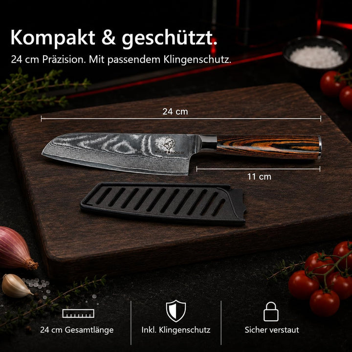 Wolfblood Damastmesser Santoku Messer L(24cm) Profi-Kochmesser aus 67 Lagen Damaststahl und VG10 All