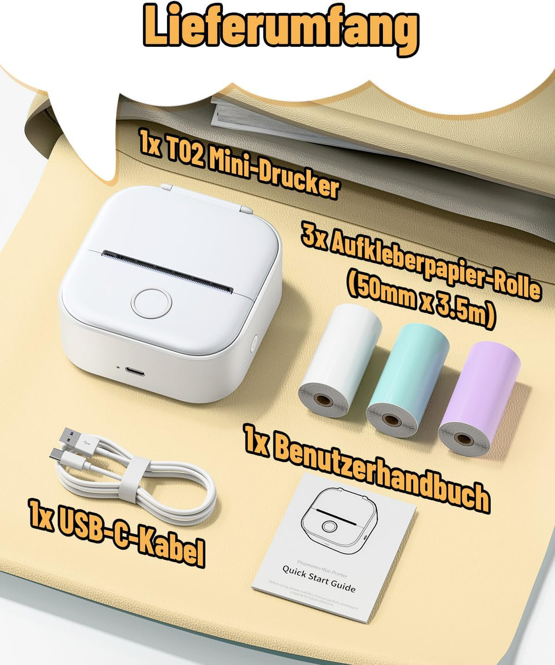 Phomemo Aufkleber Drucker, T02 Mini Thermodrucker für Smartphone, Tragbarer Fotodrucker mit 3 Rollen