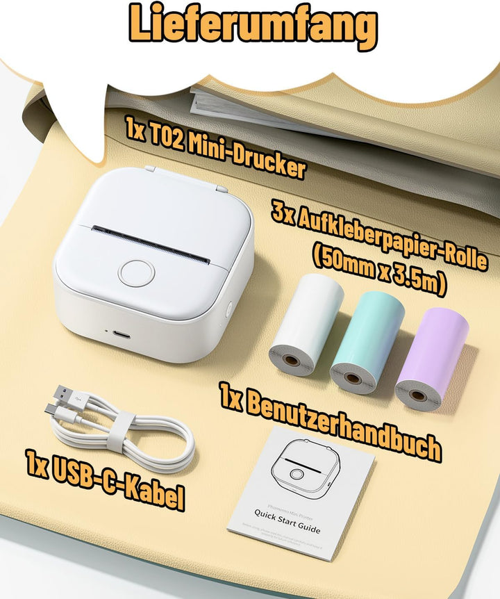 Phomemo Aufkleber Drucker, T02 Mini Thermodrucker für Smartphone, Tragbarer Fotodrucker mit 3 Rollen
