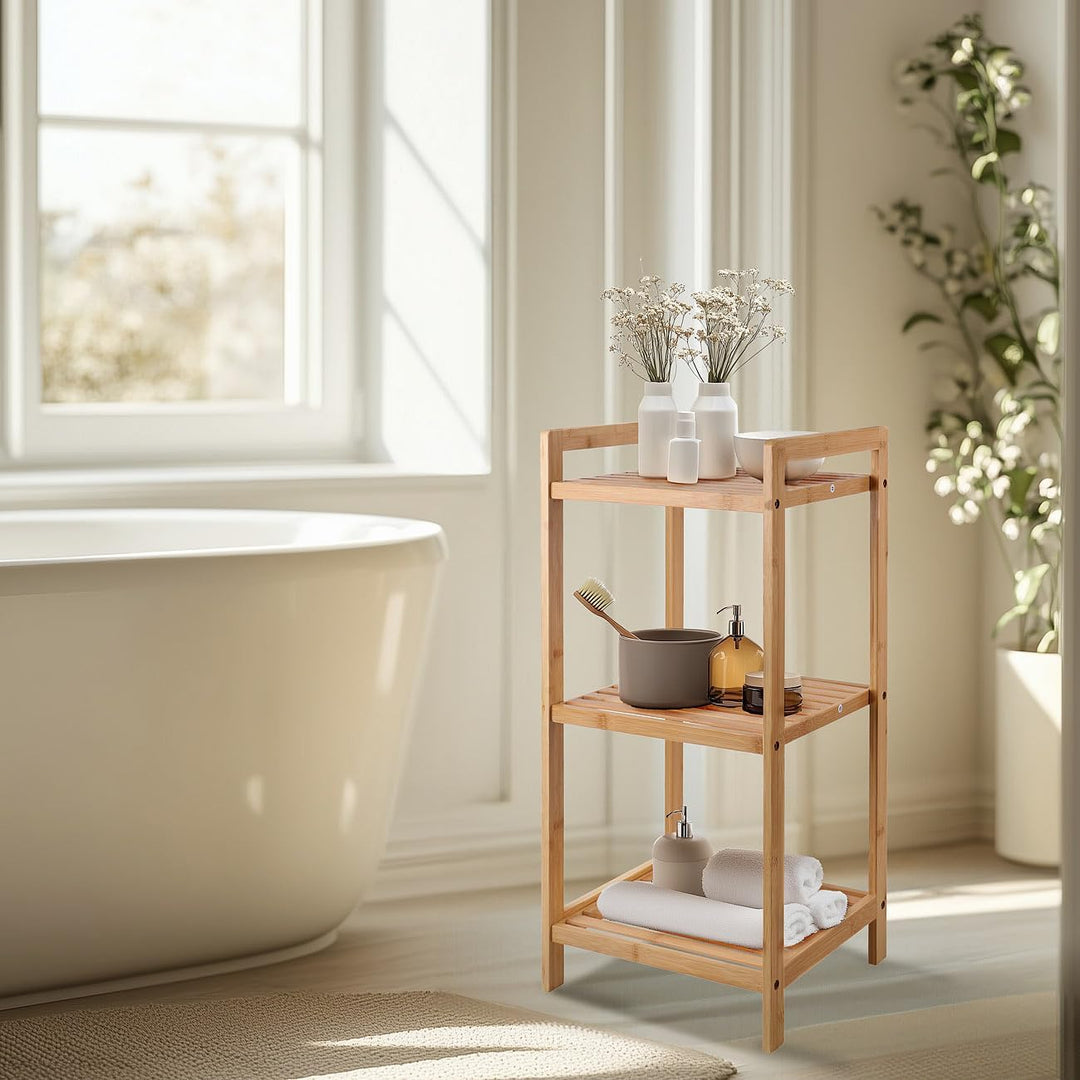Rosenstein & Söhne Regale: 2er-Set Bambus-Standregal mit 3 Ablagen, 30 x 30 x 70 cm, Bambus (Bad Reg