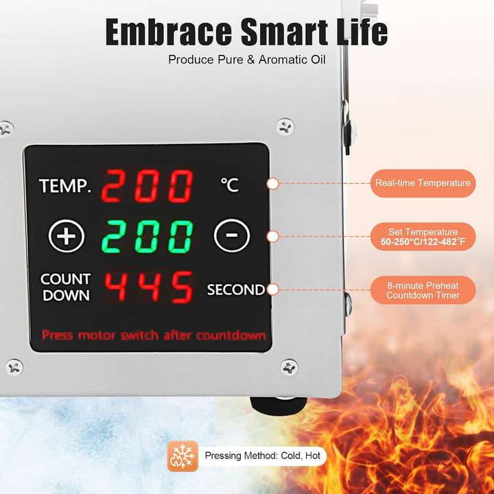 Elektrische Ölpresse, Edelstahl-Ölpresse, 610W Automatische Heiss- und Kaltölpresse, 50-250°C Einste