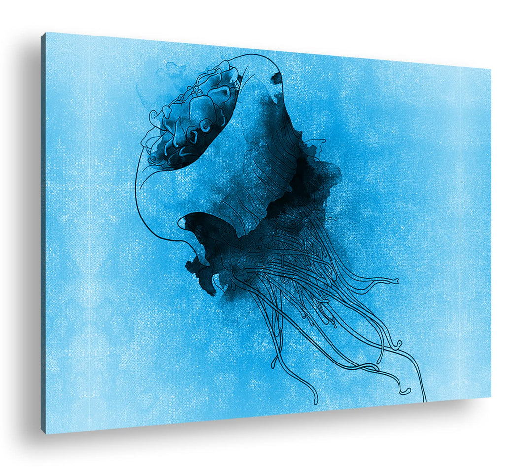 deyoli Zeichnung einer Qualle Format 80x60 Effekt: Monocrome Blau als Leinwandbild, Motiv fertig ger
