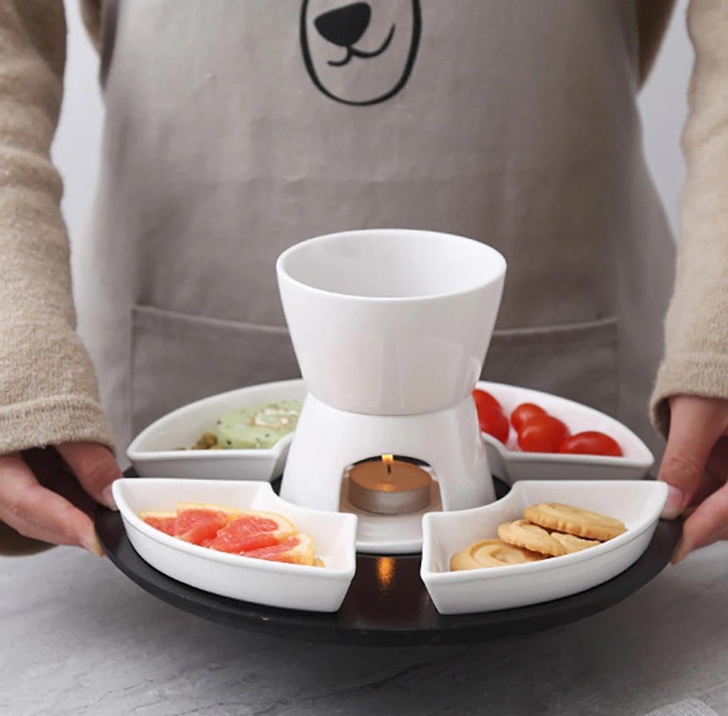 Keramik Schokofondue Set, 300ML Schokoladenfondue mit 4 Keramiktellern und 4 Gabeln, für Käse Fondue