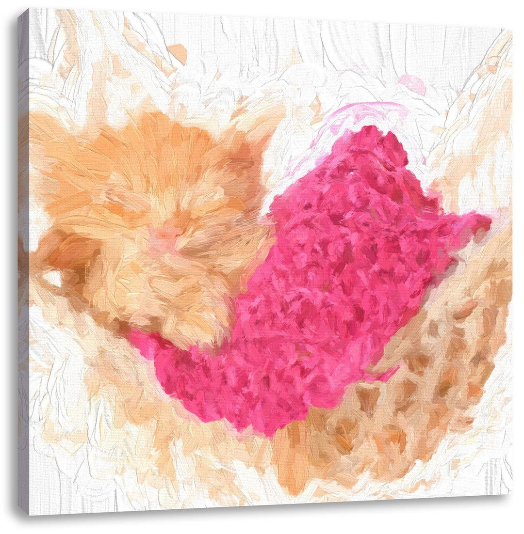 Pixxprint Schlafendes Katzenbaby in Hängematte Pinsel Effekt, Format: 70x70 auf Leinwand, 70x70