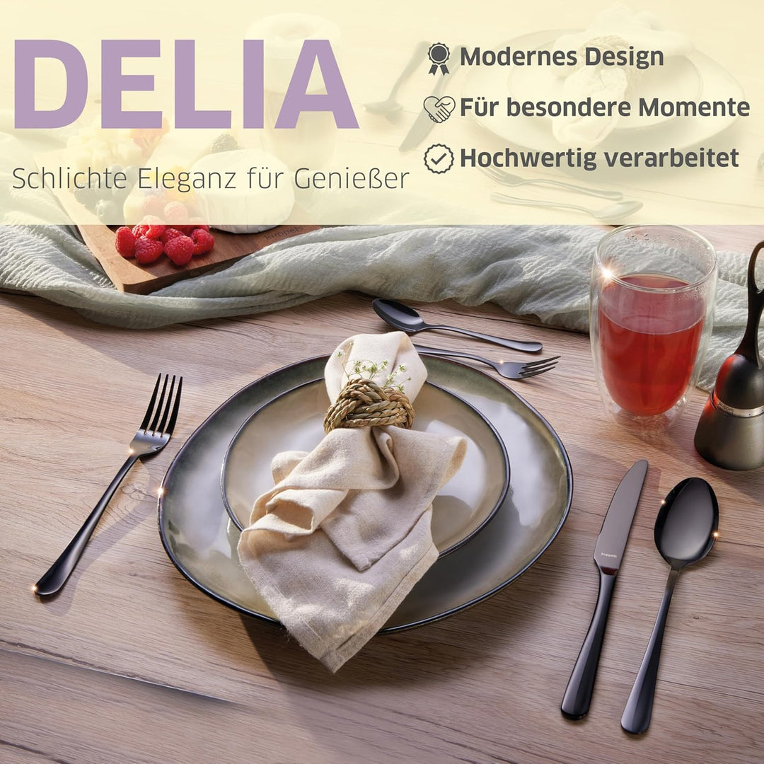 Kuppels Delia Besteck-Set 30-tlg, 6 Personen, PVD Edelstahl, Schwarz | Hochglanzpoliertes Set mit 6