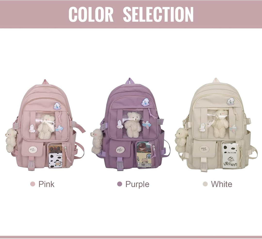 7VSTOHS Kawaii-Rucksack mit Kawaii-Anhänger und Zubehör für Teenager-Mädchen Rucksack-Schule Aesthet