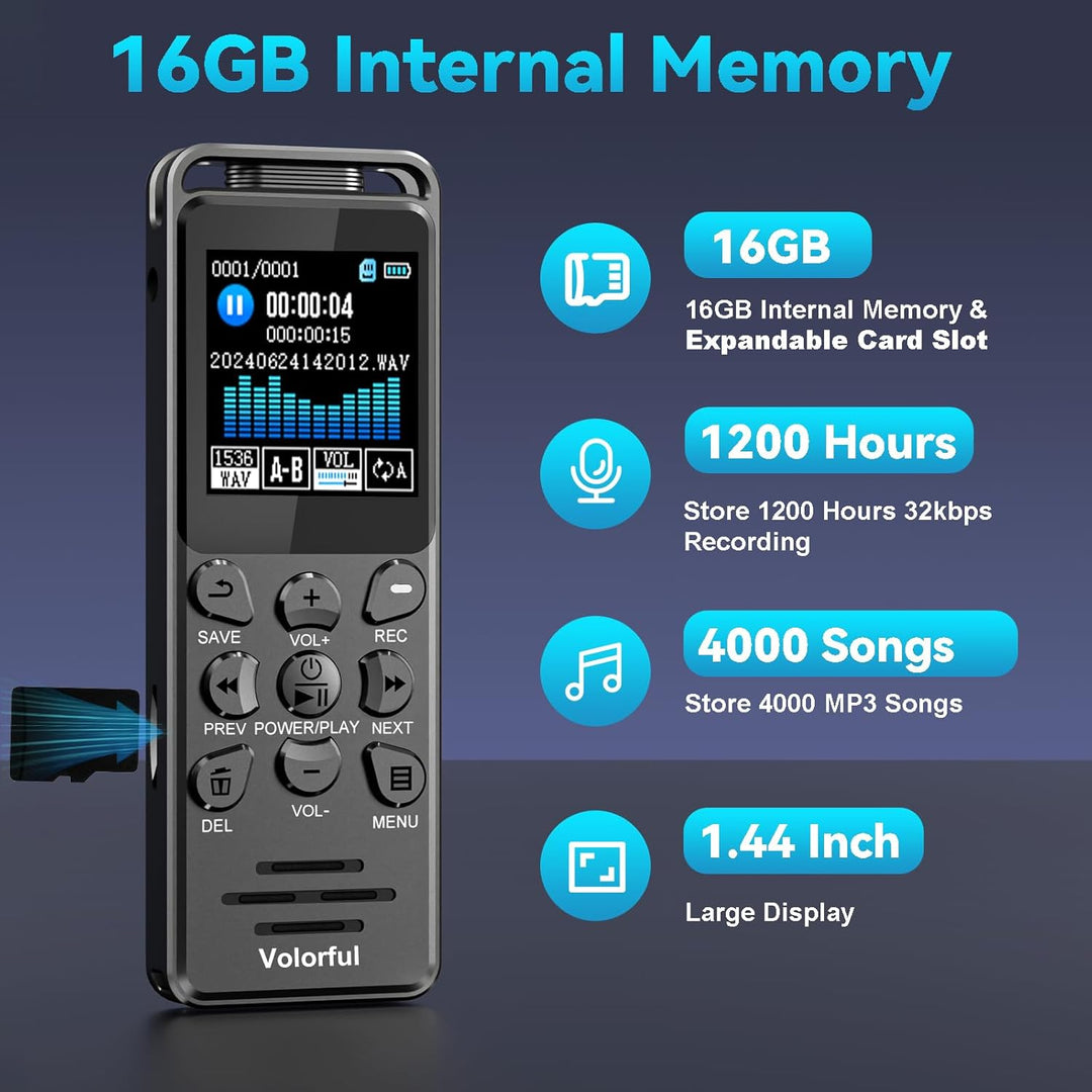 70 Std Diktiergerät Digital, Speicherkarte Einsteckbar | 16GB integrierter Speicher Aufnahmegerät, 1