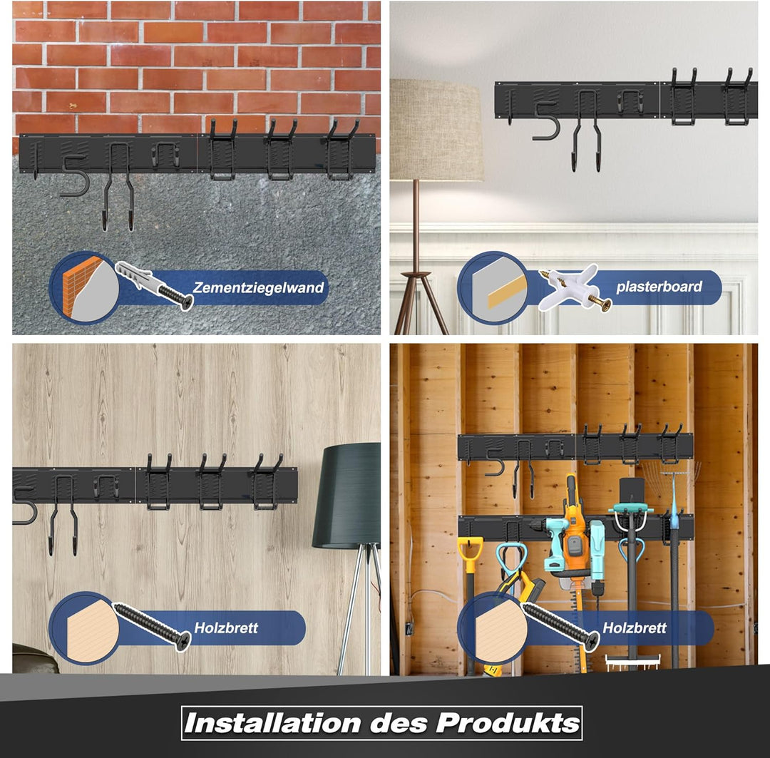 Werkzeug-Wandregal, verstellbar Wandhalterungen für Garage und Garten mit 8 Haken &amp; 3 Schienen, Hoch