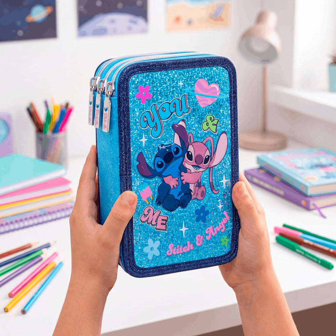 Stitch &amp; Angel 3D-Glitzer-Etui (2026–2027) mit 3 Reissverschlüssen – Luxuriöses Mäppchen mit 3 Fäche