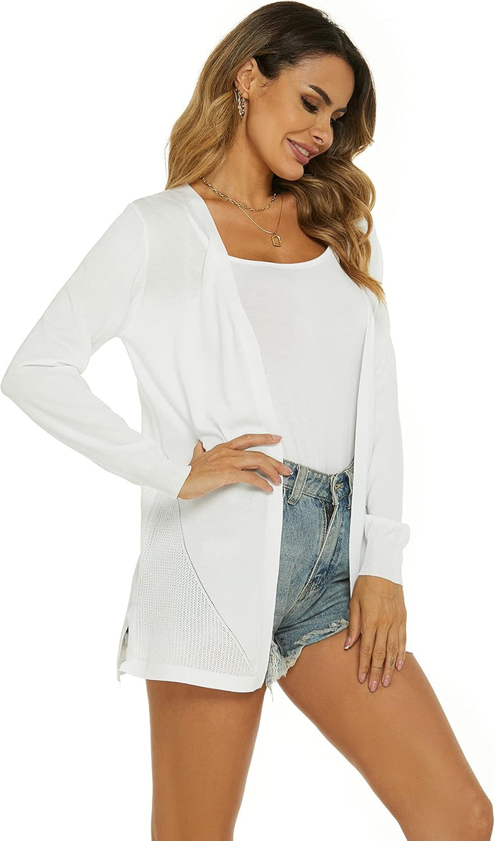 Damen Strickjacke Sommer Cardigan Elegant Lang Jacke Leichte Langarm Offene Strickjacke Sommerjacke