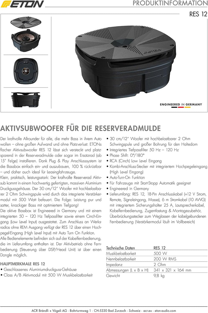 ETON Res 12 – Flacher Reserverad Aktiv Subwoofer, aktive Bassbox bestückt mit 30 cm / 12“ Woofer und