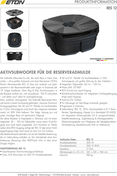 ETON Res 12 – Flacher Reserverad Aktiv Subwoofer, aktive Bassbox bestückt mit 30 cm / 12“ Woofer und