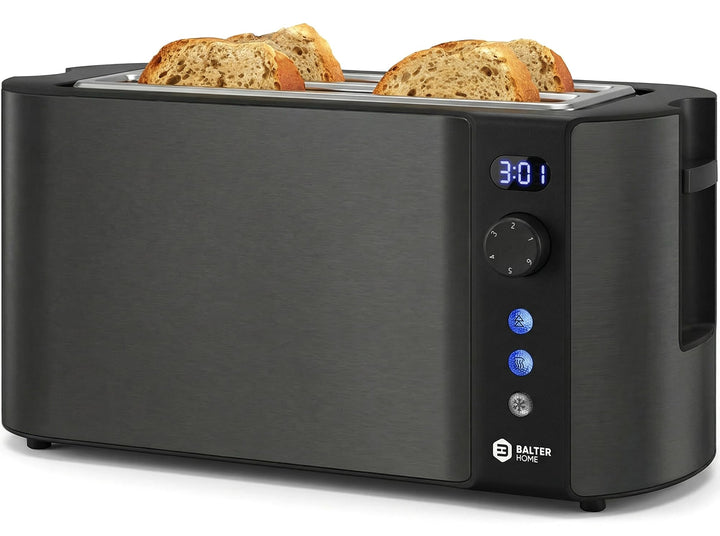 Balter Toaster 4 Scheiben, Langschlitz, Edelstahl, Brötchenaufsatz, LCD Display mit Restzeitanzeige,