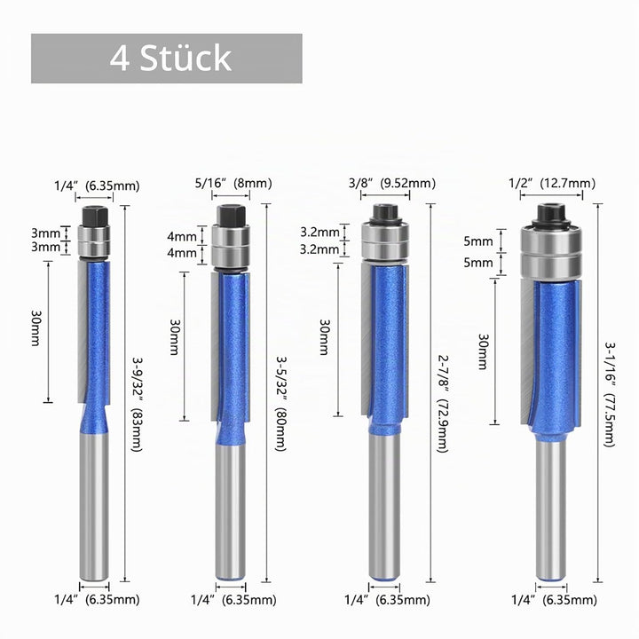 Yuentoen 4 Stück Bündigfräser Fräser Set,Blau Bündigfräser 1/4 Zoll Schaft, Doppelseitiger Fräser mi