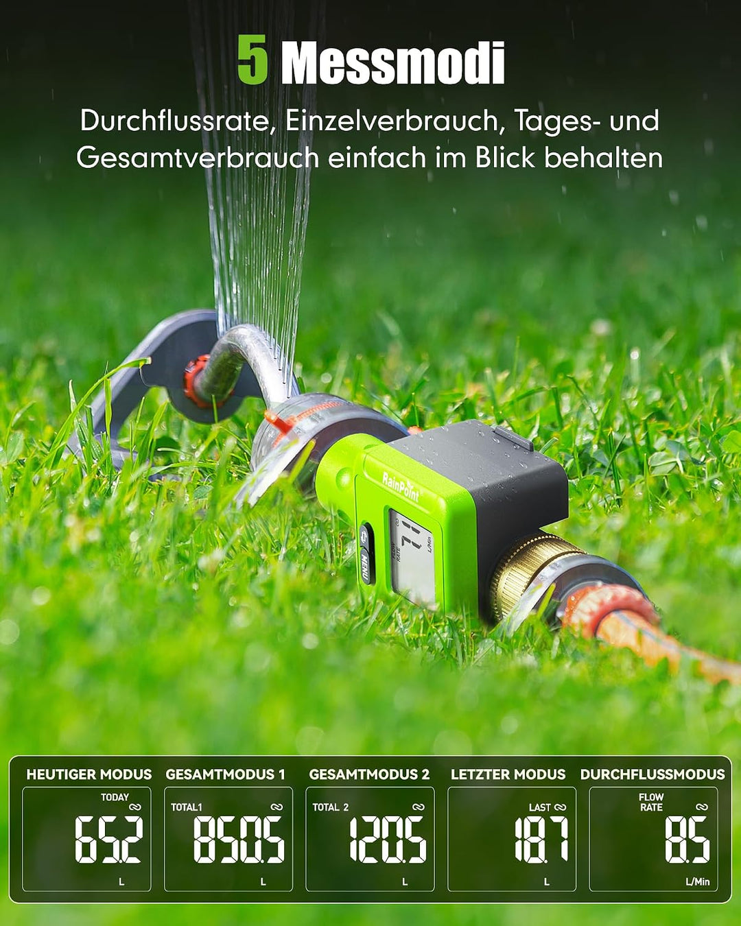 Rainpoint Smarter Bluetooth Wasserzähler mit Doppel-Messinganschlüssen, Wohnmobil Wassertank-Monitor
