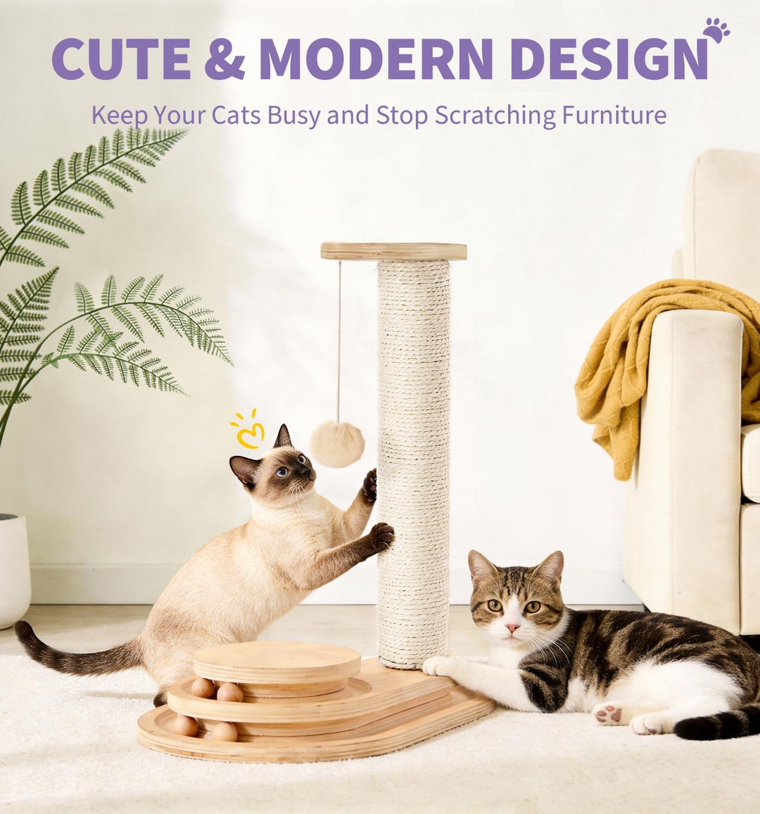 Made4Pets Kratzbaum, Katzenkratzbaum, Kätzchenspielzeug für Indoor-Katzen, Holzkugelschiene, zweilag