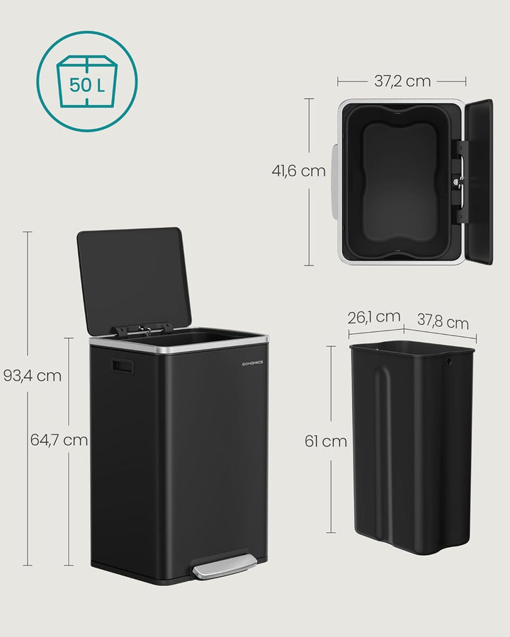 SONGMICS Mülleimer 50 L, 15 Müllsäcke, Stahl, herausnehmbarer Inneneimer aus Kunststoff, mit Deckel,