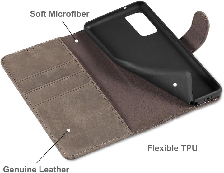 LENSUN Lederhülle für Samsung Galaxy S20 FE, Echtleder Hülle [Bookstyle][RFID Blocker][Echtes Leder]