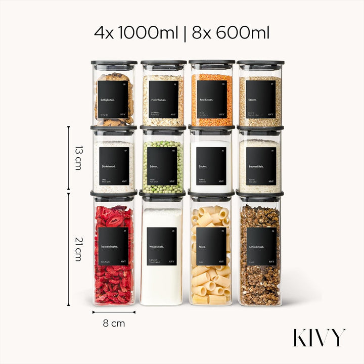 KIVY Vorratsgläser eckig [12er Set] + Etiketten - Stapelbare & Luftdichte Aufbewahrungsgläser mit De