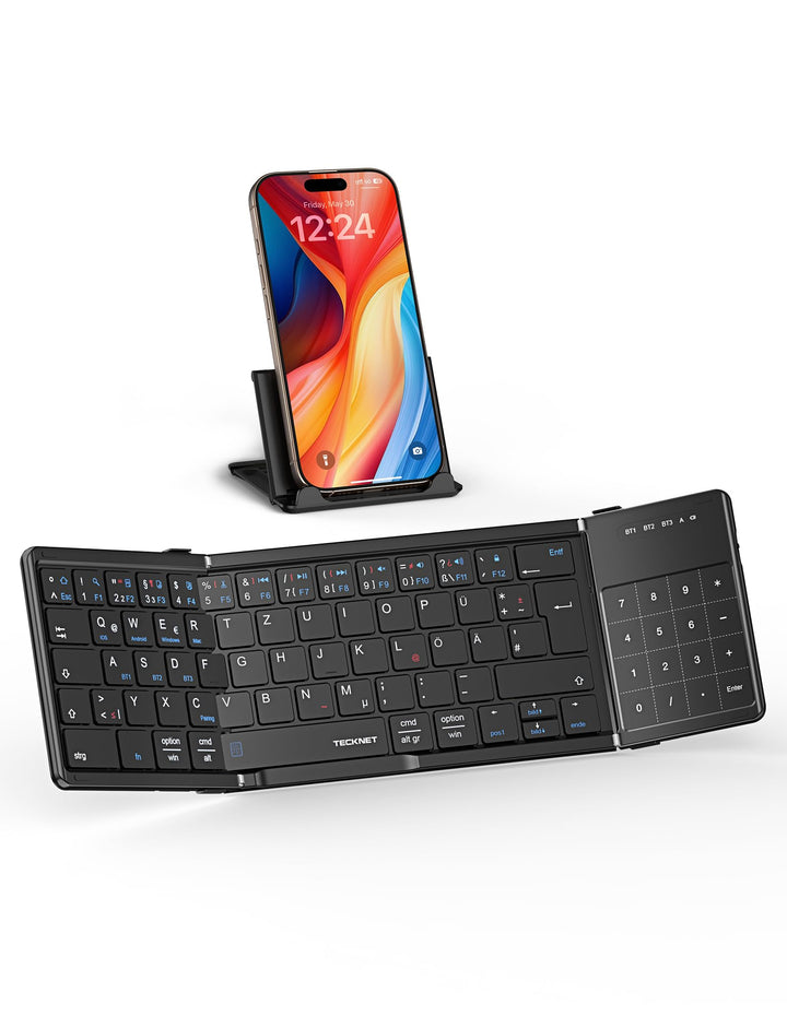 TECKNET Bluetooth Tastatur Faltbare mit Touchpad, QWERTZ Deutsch, Schwarz, Schwarz
