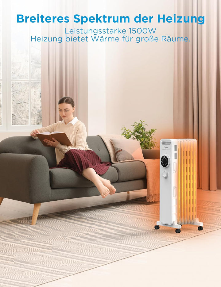 Midea NY1507-22M Ölradiator 1500W Energiesparend Leise, Elektroheizung mit 7 Rippen, Thermostat,3 He