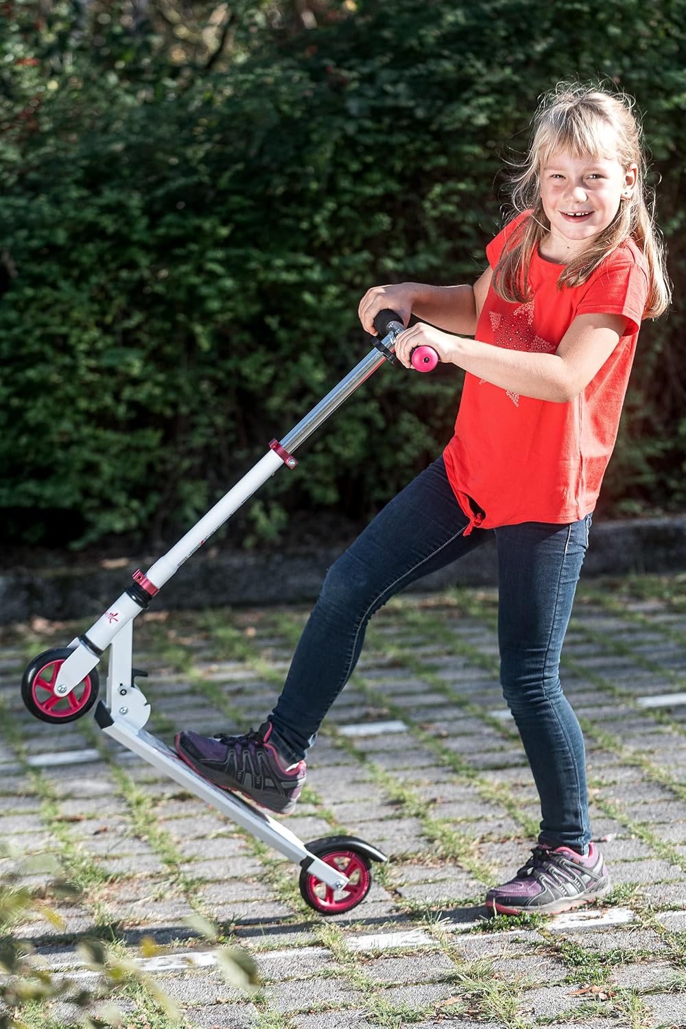 muuwmi Aluminium Scooter – Tretroller, 125 mm, ABEC 5, GS geprüft, höhenverstellbar weiss-pink, weis