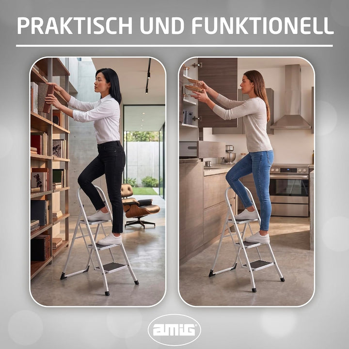 Amig Klappleiter 3 Stufen Stahl Weiss 106x72x46 cm