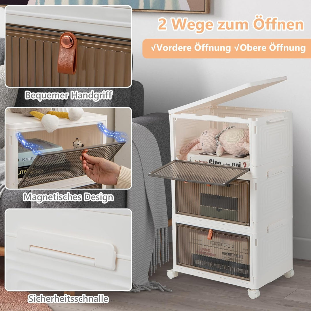 GOPLUS Aufbewahrungsbox mit Deckel, Stapelbare Ordnungsbox mit Türen, Transparent Klappbox mit Rolle