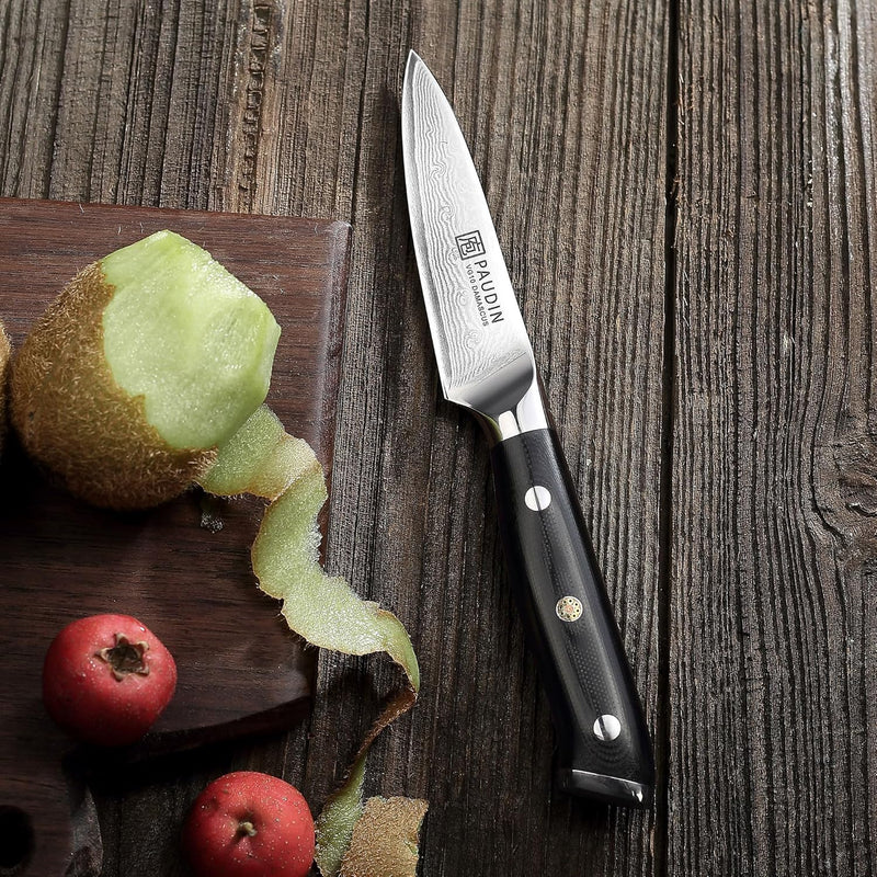 PAUDIN Damastmesser 9 cm – Gemüsemesser Schälmesser Obstmesser – VG10 Profi-Küchenmesser mit schwarz