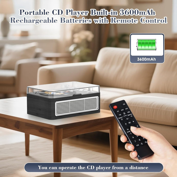 Gueray Tragbarer Bluetooth CD-Player mit Lautsprechern 3600mAh Wiederaufladbarer Vintage CD Spieler