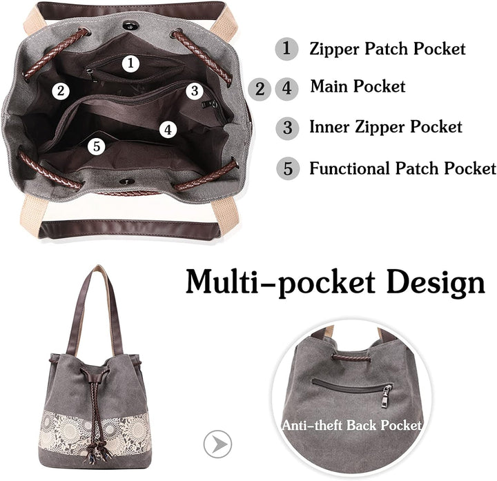 PORRASSO Damen Schultertasche Canvas Tote Umhängentasche Retro Kordelzug Beuteltasche Frauen Shopper