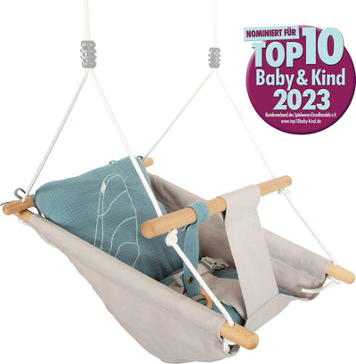 small foot Babyschaukel Seaside aus Holz und Stoff, Moderne Indoor-Schaukel mit Gurt für Babys, ab 1