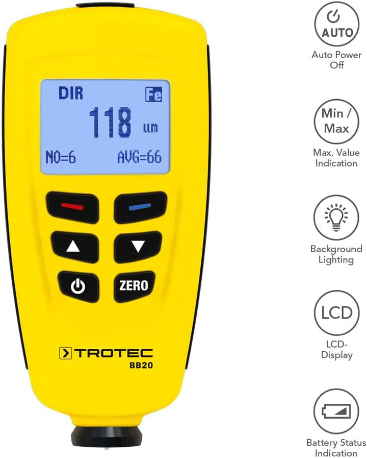 TROTEC Lackmessgerät BB20 – Lackschichten Messgerät für Auto – Messbereich 0 bis 1.250 µm, Speicher