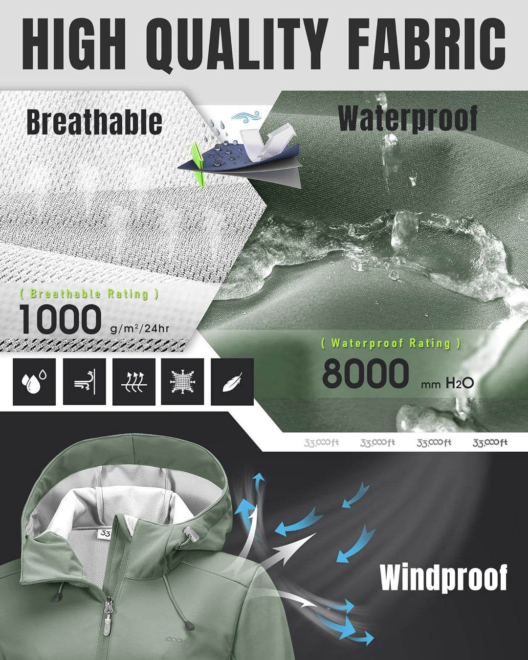 33,000ft Damen Softshelljacke Wasserdichte Winddichte Funktionsjacke Atmungsaktive Übergangsjacke Le