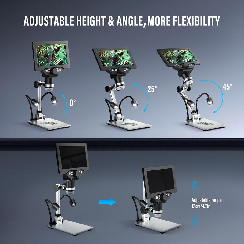 Digital Mikroskop, Couleeur 1200X 1080P Drehbares Höhen Mini Mikroskop, 7 Inch LCD Mikroskop Projekt