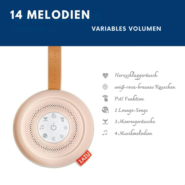 ZAZU Suzy Deluxe Einschlafhilfe für Babys – Geräuschmaschine mit 14 Sounds, Schreisensor, 20-Min-Tim