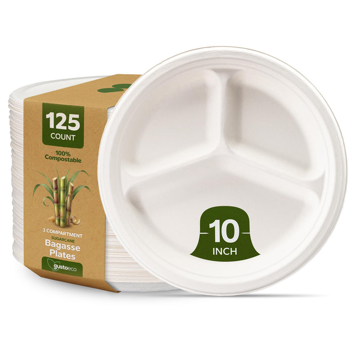 100% kompostierbare, robuste 25,4 cm grosse Teller mit 3 Fächern, 125 Stück, umweltfreundliche Einwe