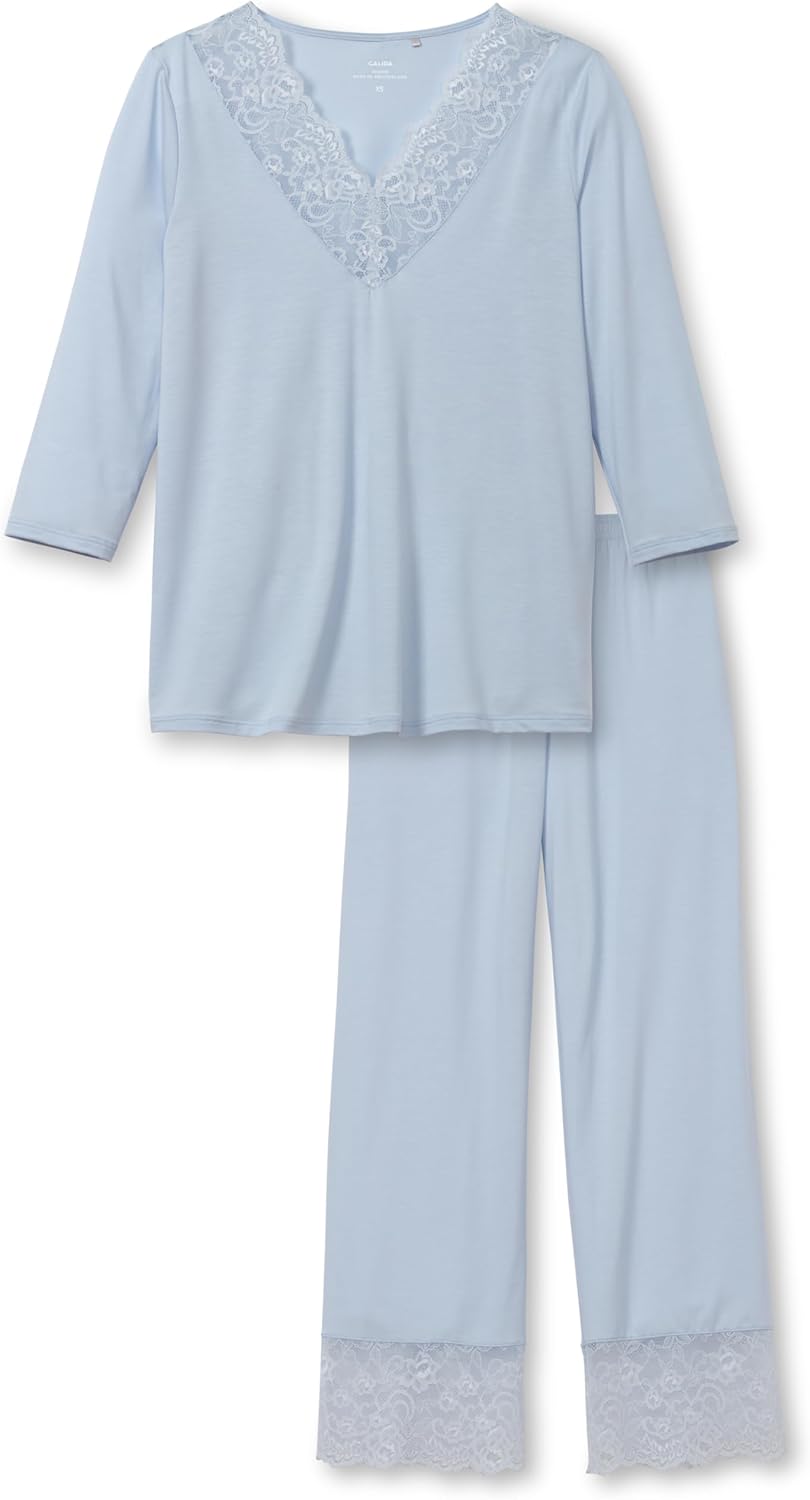CALIDA Elegant Dreams 7/8-Pyjama Damen, luftiger Schnitt, mit Spitzendetails, fliessend und anschmie