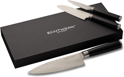 Echtwerk Damaszener Messer Set, 3-TLG, Kochmesser/Küchenmesser, kleines Santokumesser/ japanisches M