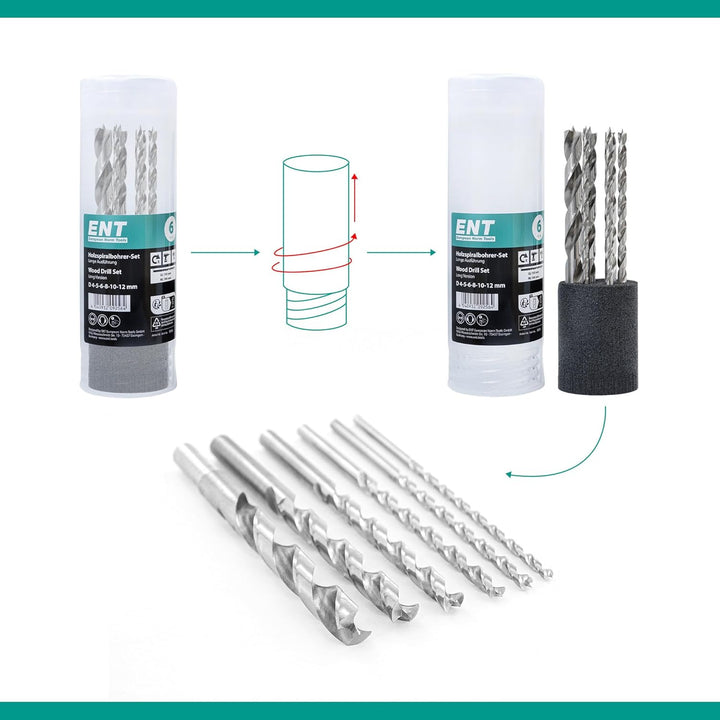 ENT 09256 6-tlg. Holzbohrer-Set HSS-G, Ø 4-12 mm, Nutzlänge 100 mm, Gesamtlänge 150 mm 6-tlg. Set Ø