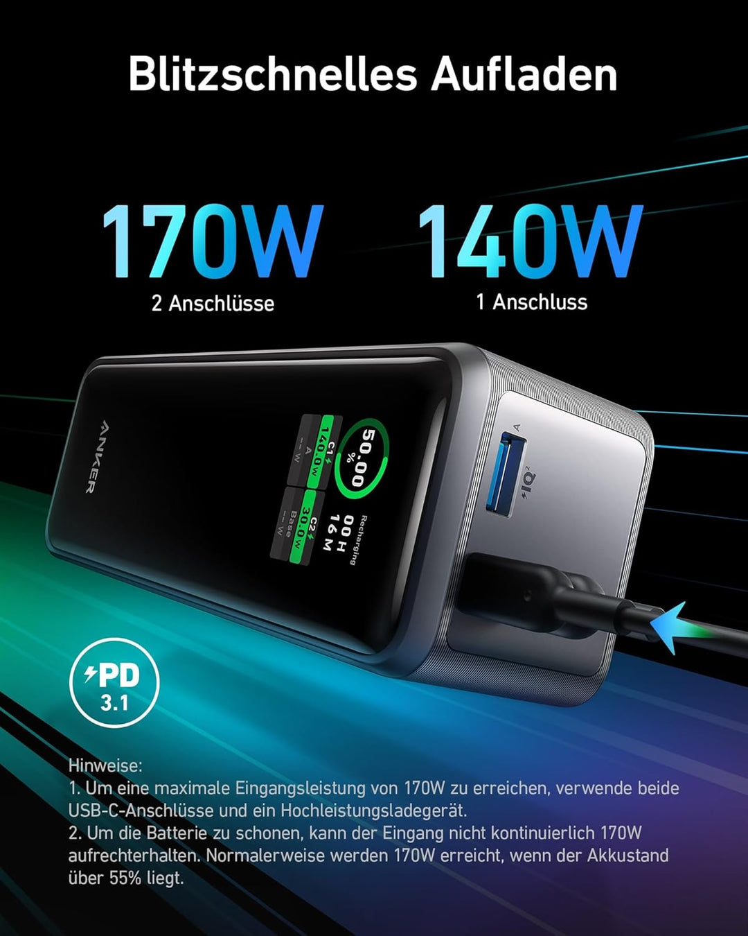Anker Prime 27.650mAh Power Bank (250W), 3-Port Powerbank, Smarte App Kontrolle, Kompatibel mit MacB