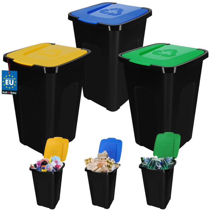 KOTARBAU® Müllbehälter 3er Set Gelb Blau Grün - Mülltrennungssystem mit Deckel, 50l Mülltonne für Ha