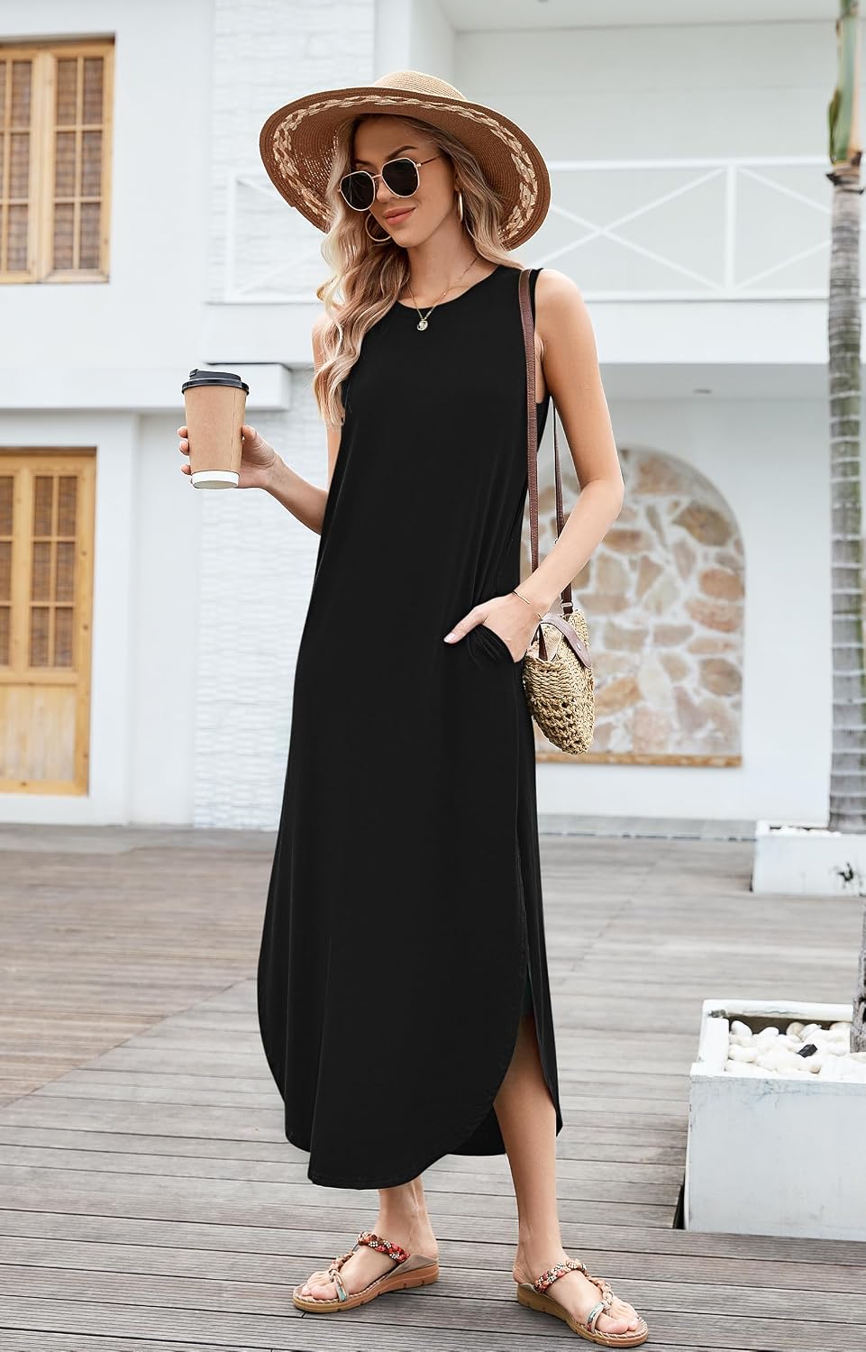 AUSELILY Maxikleider Damen Sommer Ärmellos Strandkleid Lang Sommer-Kleider M Schwarz, M Schwarz