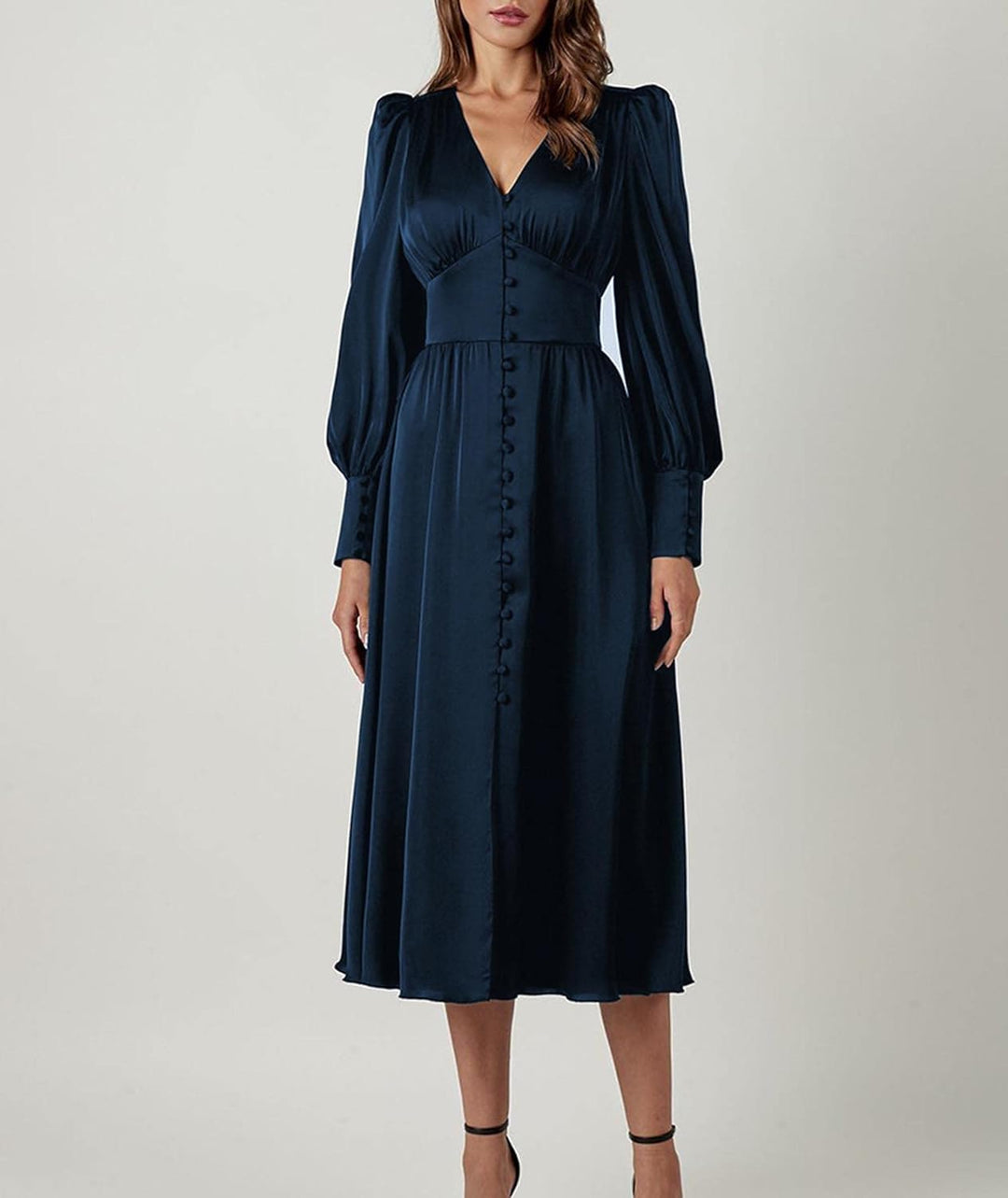 xxxiticat Damen Langarm Satin Maxikleid Lange Laternenärmel Knopfleiste Rüschen Einreihig Vintage Pu
