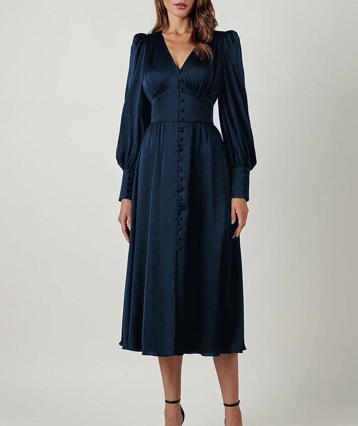 xxxiticat Damen Langarm Satin Maxikleid Lange Laternenärmel Knopfleiste Rüschen Einreihig Vintage Pu